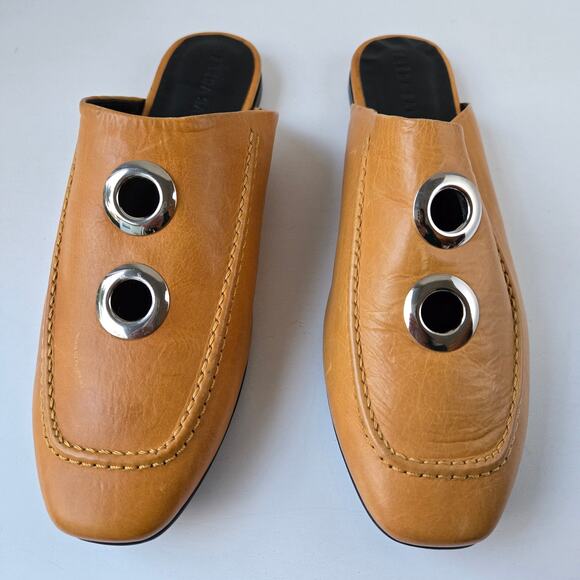 Freda Salvador NEW Ono Gingham Bow Tie Grommet Yellow Leather Mule Flats Size 7 - Picture 12 of 16